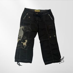 Black Cargo Capri Pants with Embroidery